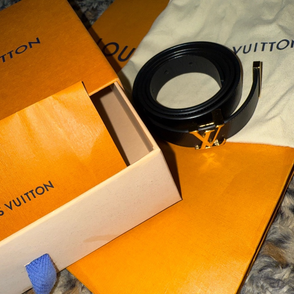 Louis Vuitton Black Leather Belt with Gold LV Buckle